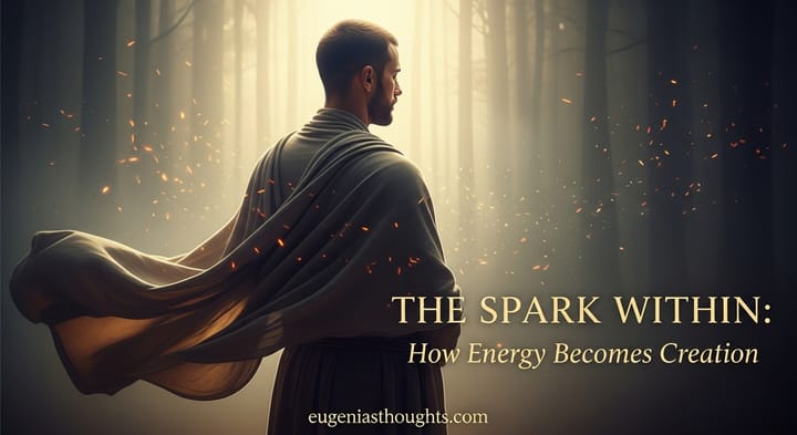 A contemplative figure in a flowing cloak stands in a glowing forest, surrounded by soft light and embers, symbolizing inner fire, stillness, and energy transmutation.