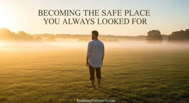 Barefoot man standing in a sunlit field at sunrise, facing away into the mist, symbolizing inner peace and emotional grounding.
