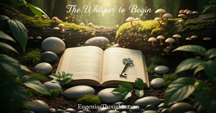 Open journal with a key on its pages in a forest clearing, surrounded by stones, leaves, and glowing light, symbolizing belief, integrity, and core values unlocking possibility.
