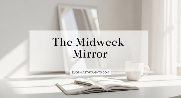 Open journal, pen, and coffee in soft morning light with a mirror in the background, symbolizing midweek reflection, self-awareness, and alignment.