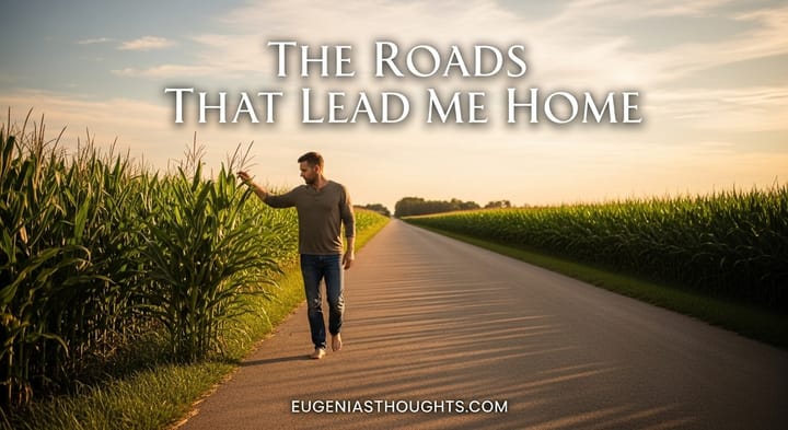 A man walks barefoot along a rural Indiana road at sunset, hand brushing tall corn. Text reads: “The Roads That Lead Me Home” with EugeniasThoughts.com below.