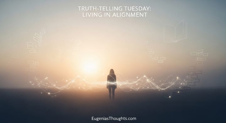 A lone figure stands before the sunrise, surrounded by glowing energy waves and floating books, symbolizing alignment, truth, and the power of conscious creation.