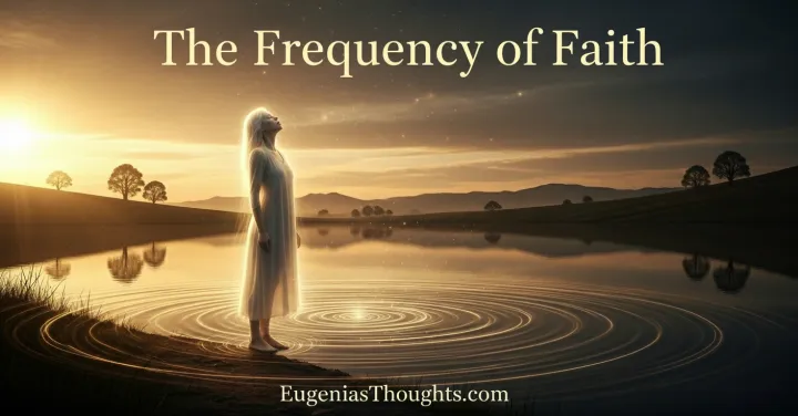 A serene figure stands barefoot at sunrise by a still lake, glowing ripples of energy radiating outward, symbolizing faith as a steady frequency beyond doubt.