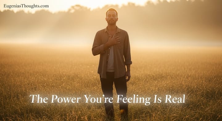 A person stands in a golden, sunlit field with their hand over their heart, eyes closed in reflection. Text overlay reads, "The Power You're Feeling Is Real."