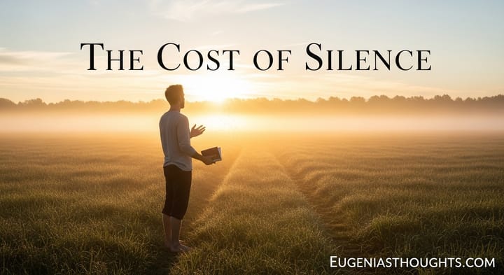 Man barefoot in a sunrise field holding a journal, releasing words into the air. Text reads “The Cost of Silence” and “EugeniasThoughts.com.”