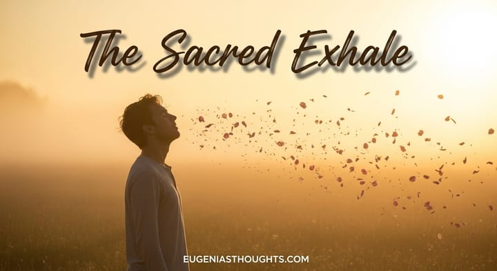 A person exhales in a golden sunrise meadow, petals drifting away in the breeze, symbolizing release and the sacred act of letting go.