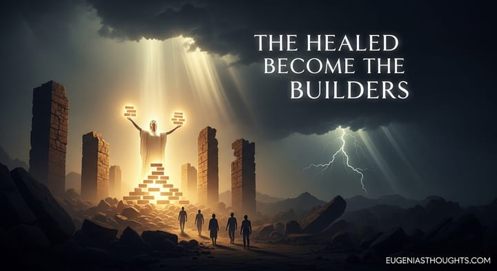 A luminous figure rises from ruins, holding glowing bricks of light, as others follow - symbolizing how healing turns pain into purpose and the healed become the builders.