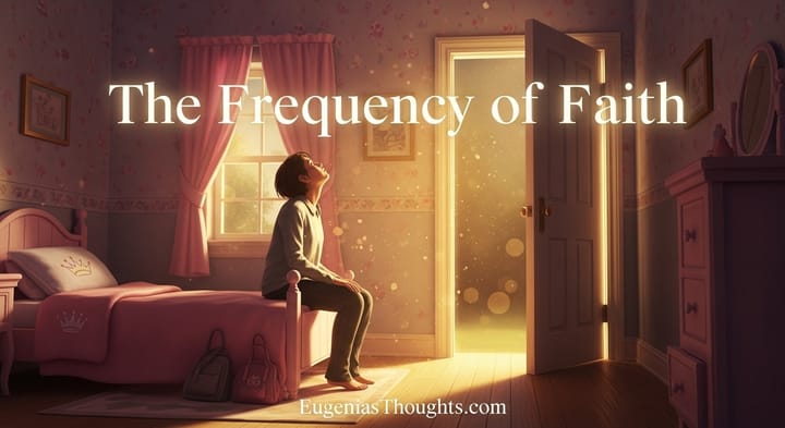 A person sits on a pink princess bed in a softly lit room, gazing toward an open door glowing with golden light, symbolizing faith, hope, and new beginnings.