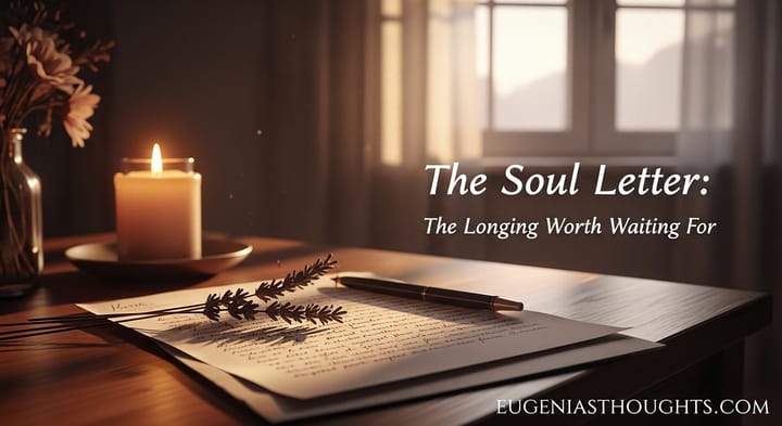 A candlelit desk with a handwritten letter, pen, and lavender sprig in soft golden hour light, symbolizing desire, patience, and heartfelt reflection.