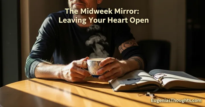 Man holding a steaming coffee beside an open Bible with rosary, sunlight streaming in, symbolizing midweek reflection and leaving your heart open to God’s guidance.
