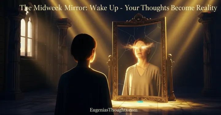A figure stands before a cracked mirror glowing with inner light, symbolizing awakening and the power of thoughts shaping reality. Golden beams break through the shadows.