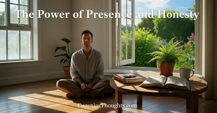 Person sitting in peaceful reflection by a sunlit window with a journal, Bible, and plant on the table. Feature image for “The Power of Presence and Honesty” EugeniasThoughts.com.
