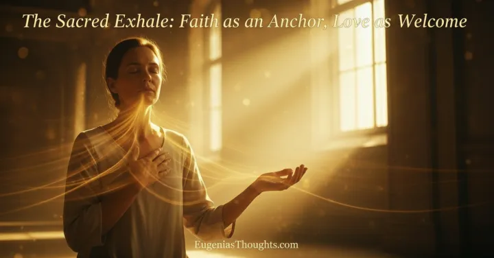 A serene woman with hand over heart bathed in golden light, symbolizing faith as an anchor and love as a welcome, a safe and sacred space for rest and alignment.