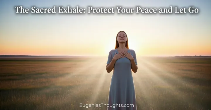 A serene woman stands in a field at sunrise with hands over her heart, symbolizing faith, peace, and the sacred act of letting go to protect her spiritual well-being.