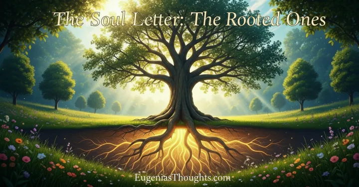 A golden tree with radiant roots glowing unseen underground, symbolizing faith, alignment, and The Rooted Ones community as a family anchored in love.