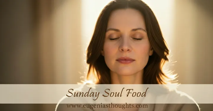 A serene, contemplative woman sits with her hand on her heart in soft morning light. Warm, minimalist vibes, faith-inspired, Sunday Soul Food by Eugenia’s Thoughts.
