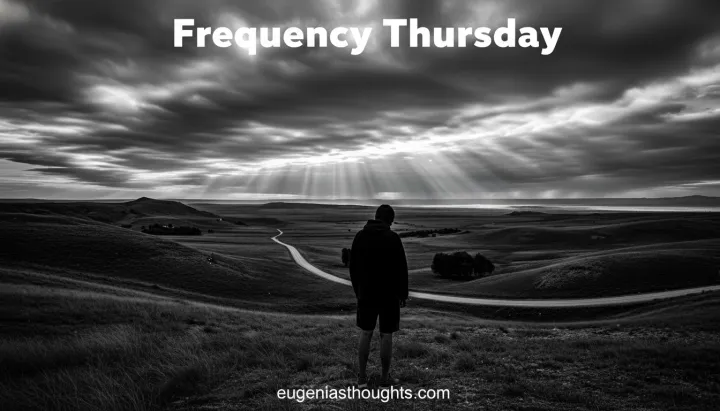 Person overlooking vast landscape under moody sky, symbolizing vulnerability and clarity - Frequency Thursday, inspired by Fire Away, EugeniasThoughts.com