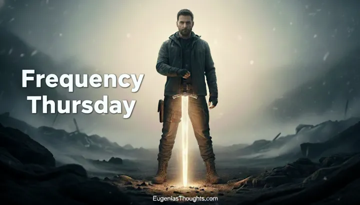 A man stands in a misty landscape, holding a glowing sword. “Frequency Thursday” and “EugeniasThoughts.com” appear, symbolizing spiritual readiness and surrender.