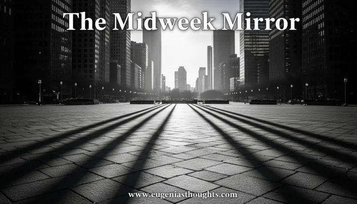 Empty city plaza at sunrise, long shadows and strong lines, large “The Midweek Mirror” and website text, representing reflection and soulful clarity for the blog.