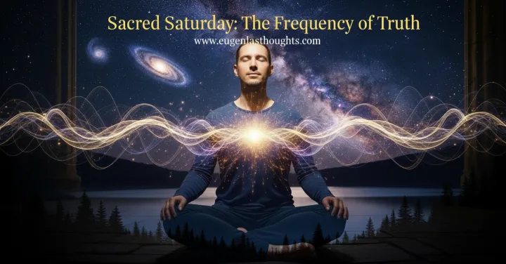 A person meditating beneath a cosmic sky, glowing with radiant energy waves, symbolizing alignment, transmutation, and the sacred truth that frequency is freedom.