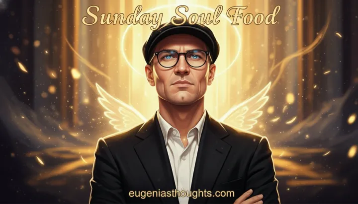Confident person with angelic wings and radiant halo on a golden background, titled “Sunday Soul Food” - celebrating faith, self-worth, and spiritual inspiration for eugeniasthoughts.com.