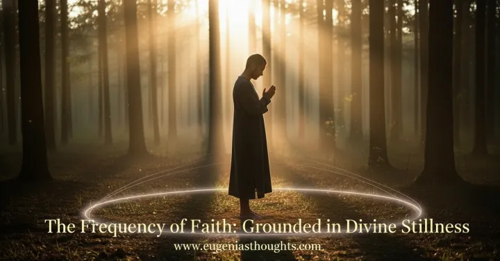 A person stands barefoot in a sunlit forest surrounded by soft golden light, symbolizing grounding, divine connection, and spiritual stillness.