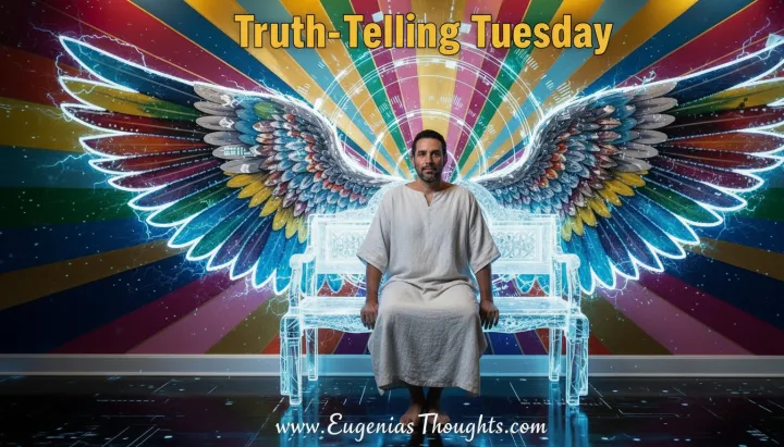 Person in white seated before radiant angel wings mural, “Truth-Telling Tuesday” title above, “www.EugeniasThoughts.com” below; symbol of empowerment, truth, and spiritual transformation.
