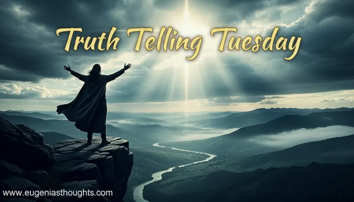 Person on mountain peak, uplifting arms under glowing cross-shaped sun rays, symbolizing faith, courage, and spiritual breakthrough for Truth Telling Tuesday blog.