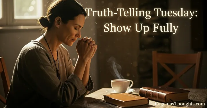Serene morning reflection: person in quiet prayer at a sunlit table, evoking courage, honesty, and spiritual presence for Truth-Telling Tuesday on EugeniasThoughts.com
