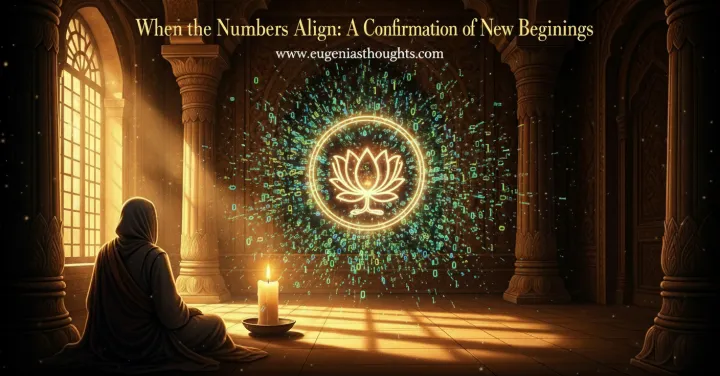 A person in stillness before a glowing lotus with floating numbers, representing synchronicity, divine alignment, and God’s confirmation of new beginnings.