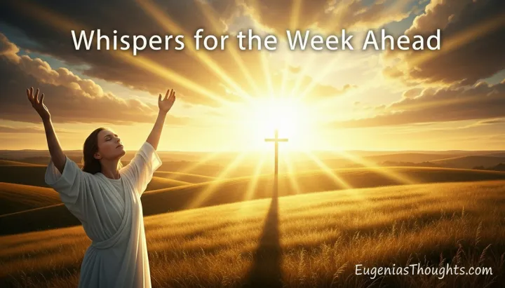 Woman in white with arms raised, standing in a sunlit field at sunrise, facing a cross; theme of faith, hope, and fresh starts for “Whispers for the Week Ahead” at EugeniasThoughts.com.