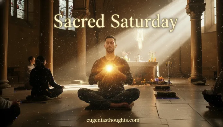 Person meditating with glowing light at heart in sacred church space, representing emotional healing and spiritual transformation for Sacred Saturday