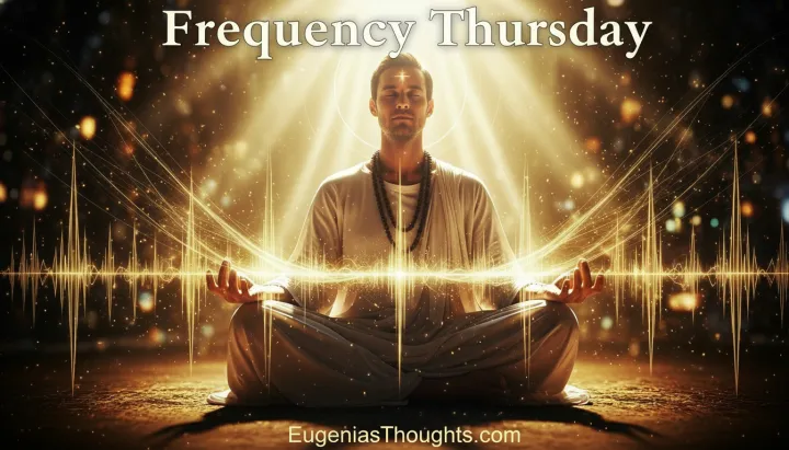 Man in meditation surrounded by divine light and frequency waves, symbolizing stillness as a superpower and tuning into God's voice amid chaos - Frequency Thursday