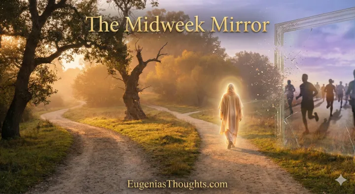 Person walking peaceful golden path while cracked mirror shows others rushing - freedom from comparison Midweek Mirror reflection EugeniasThoughts