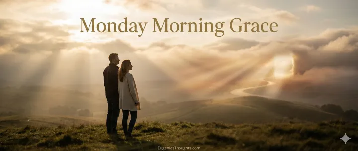 Man and woman standing on a grassy hill at sunrise, looking toward a winding path and golden rays of light breaking through the clouds, illustrating the hope of Monday Morning Grace.