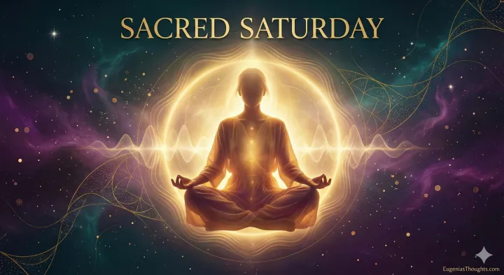 Figure in peaceful meditation surrounded by golden light aura and frequency waves against cosmic teal and purple background - Sacred Saturday rest reflection by EugeniasThoughts.com