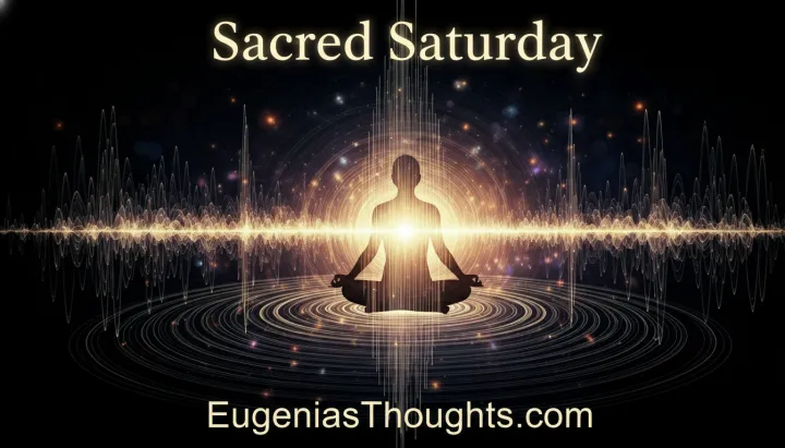 Silhouette in meditation with golden frequency waves and sound vibrations radiating light, symbolizing Sacred Saturday spiritual stillness and divine alignment