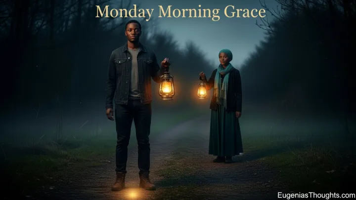 Two African American believers stand on a misty night path holding glowing lanterns, symbolizing standing firm, discernment, and trusting God for the next small step forward.