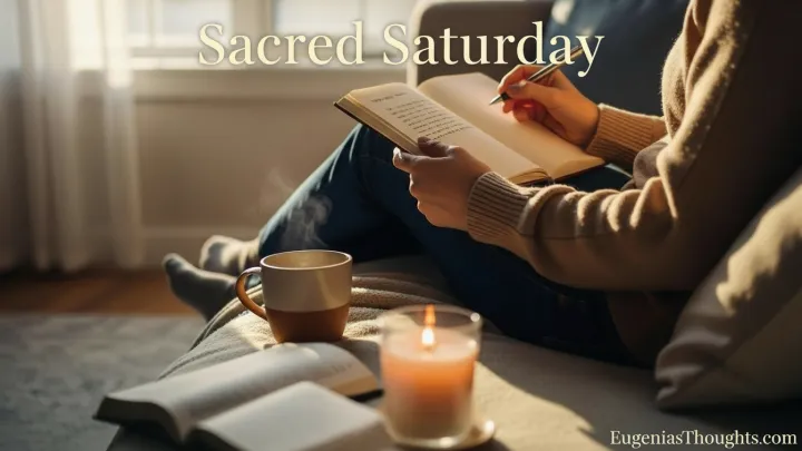 Woman sits on a cozy couch journaling with a mug, candle, and open book nearby under warm light, with “Sacred Saturday” text, symbolizing rest, reflection, and time with God.