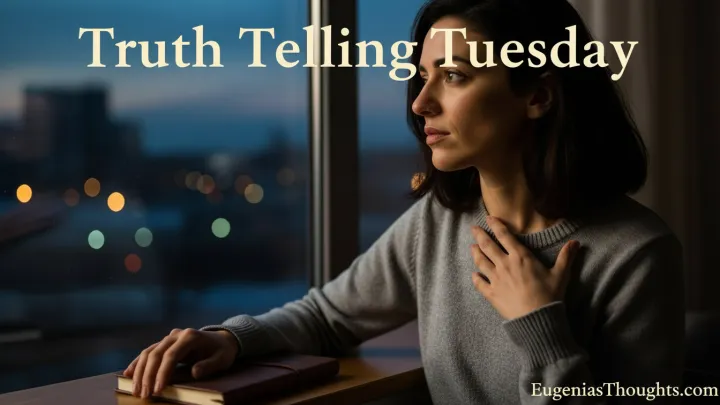 Woman sits by a window at dusk with “Truth Telling Tuesday” text, one hand on a closed journal and one on her chest, symbolizing buried stories, honesty, and courage to share in safe spaces.