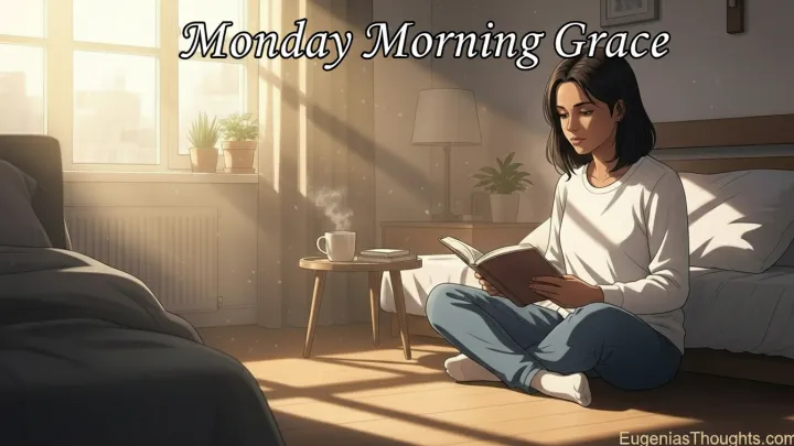 Woman sitting on bedroom floor in warm morning light, reading a book beside a made bed and coffee, under “Monday Morning Grace,” symbolizing a calm, faith-filled start.