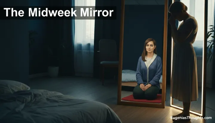 Woman standing before a glowing mirror with her calmer reflection seated inside, symbolizing God’s grace, healing self-talk, and the Midweek Mirror of spiritual reflection.