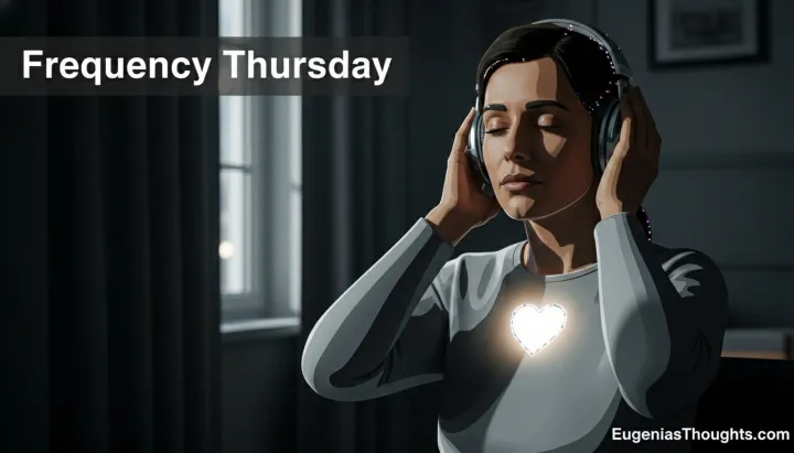 Person wearing headphones with a glowing heart in a dim room, representing tuning out external noise and listening to God’s voice within for Frequency Thursday on EugeniasThoughts.