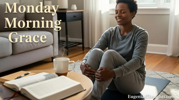 African American woman sitting on a mat in a cozy living room with “Monday Morning Grace” text, open Bible, and coffee, symbolizing gentle, faith-filled baby steps at the start of the week.