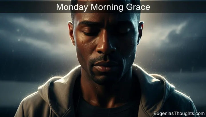 African American man in front of a stormy sky with rain and soft light around his shoulders, symbolizing Monday Morning Grace and standing strong in God during intense life storms.