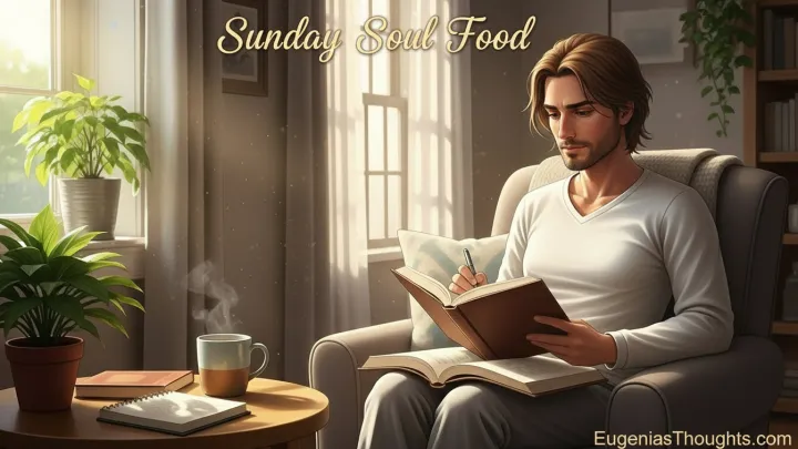 Man journaling with an open Bible in a cozy, sunlit room under the words “Sunday Soul Food,” symbolizing healing from past hurt and creating gentle, faith-based rhythms for the week.