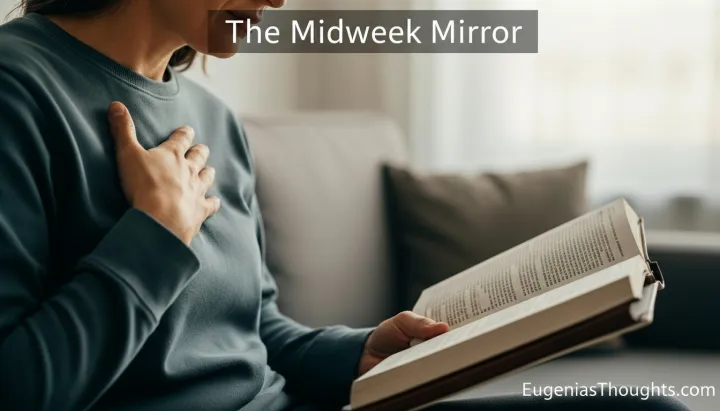 Woman sitting on a couch with one hand over her heart and the other holding an open book, quietly reflecting and checking in with her heart, mind, and soul midweek.