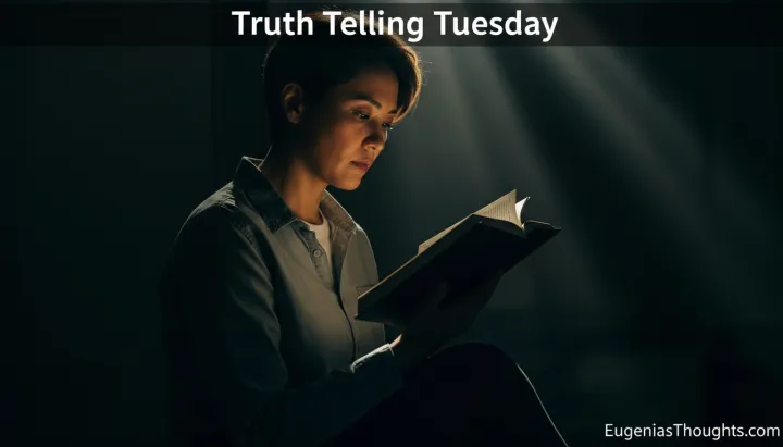 Asian woman reading a book in a dark room with beams of light shining down, symbolizing Truth‑Telling Tuesday and letting God’s truth bring your life into alignment.