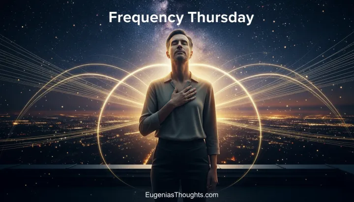 Man standing on a rooftop at night with one hand over his heart as golden frequency lines and stars glow behind him, Frequency Thursday and EugeniasThoughts.com text.