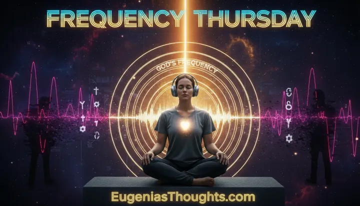 Person meditating with headphones under glowing “Frequency Thursday” text, surrounded by neon sound waves and “God’s frequency,” with EugeniasThoughts.com lit along the bottom.